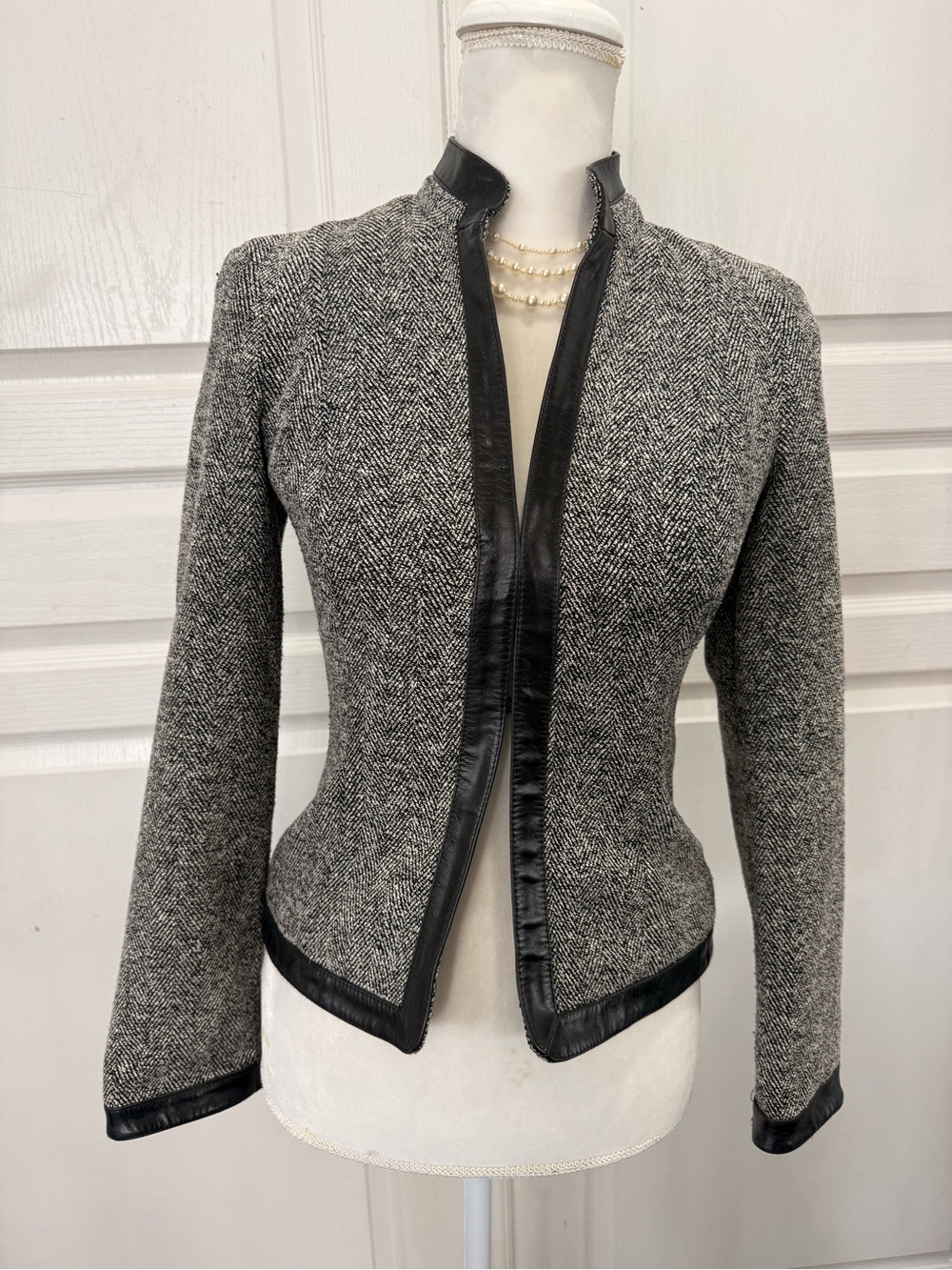 Womens Tweed Hook-Front Jacket with Leather Trim - Gray